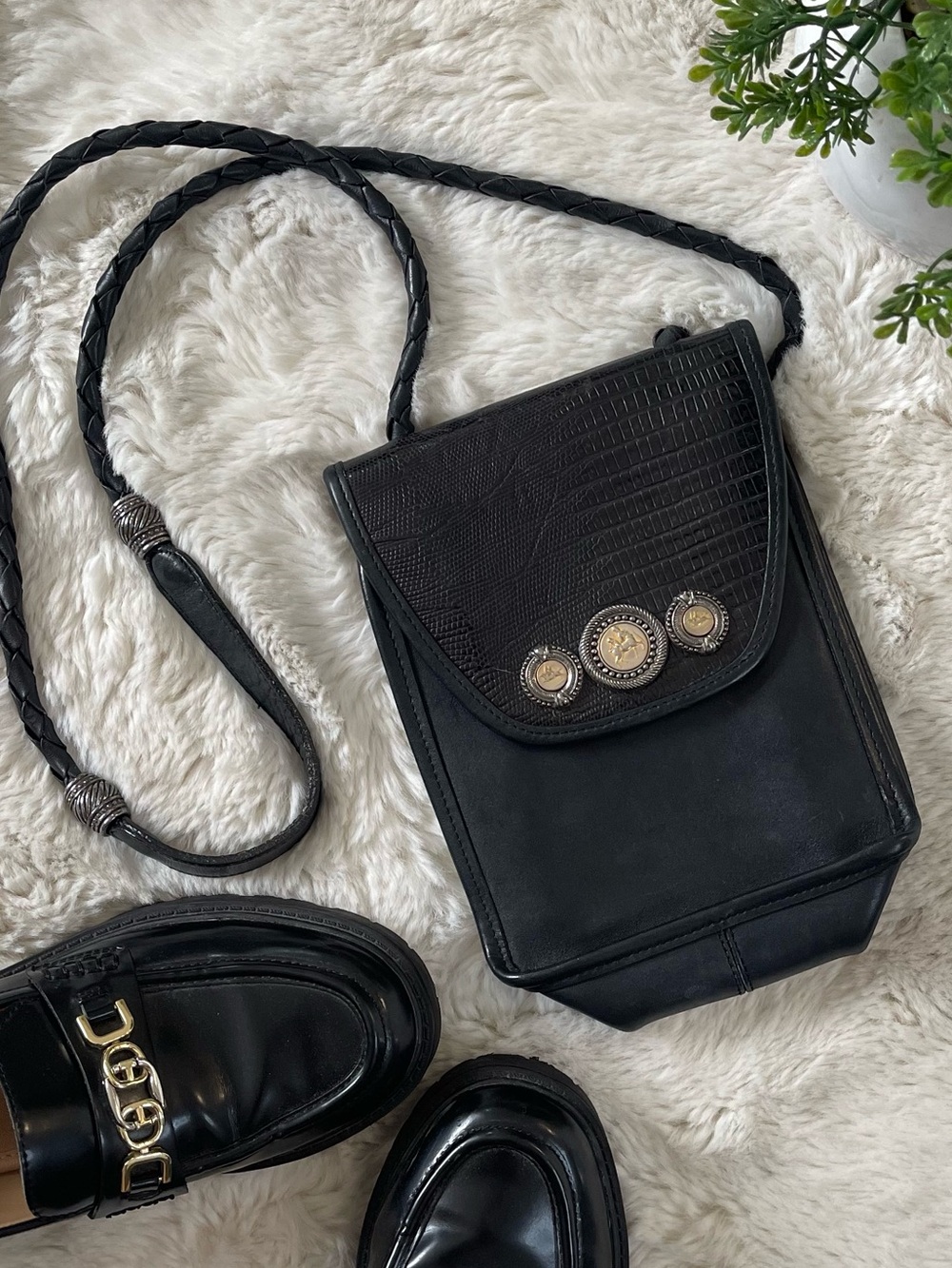 VTG Brighton Black Leather Western Medallion Crossbody